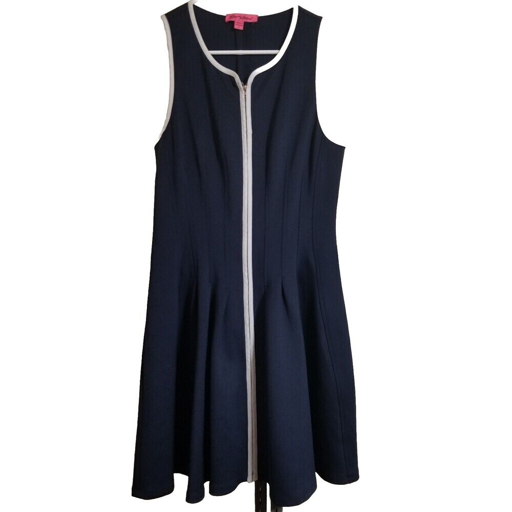 Betsey Johnson Dress Womens Size 6 Navy Blue Zip Up Front Sleeveless A-Line